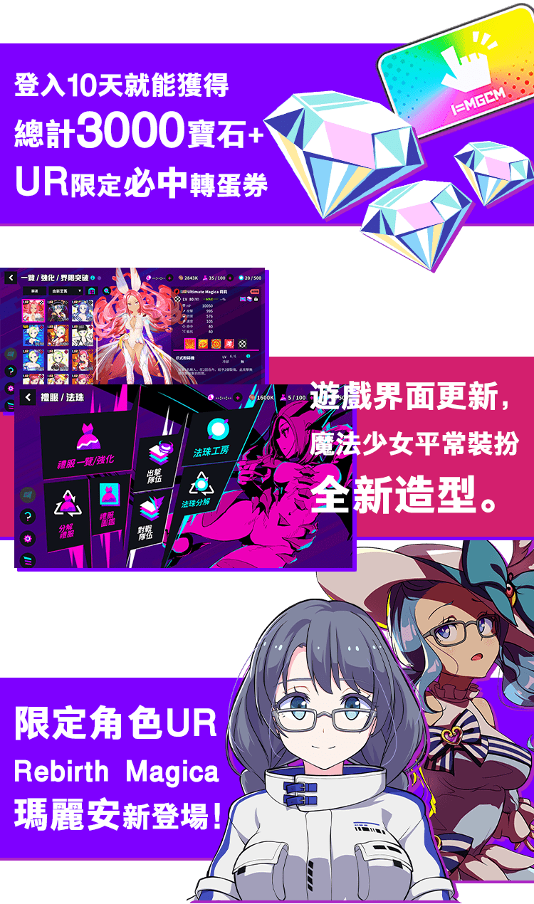登入10天就能獲得總計3000寶石+UR限定必中轉蛋券。　遊戲界面更新、魔法少女平常裝扮全新造型。　限定角色UR・Rebirth Magica瑪麗安新登場！